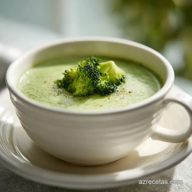 A velvety smooth broccoli soup, artfully drizzled with olive oil and topped with toasted croutons, on a white plate.