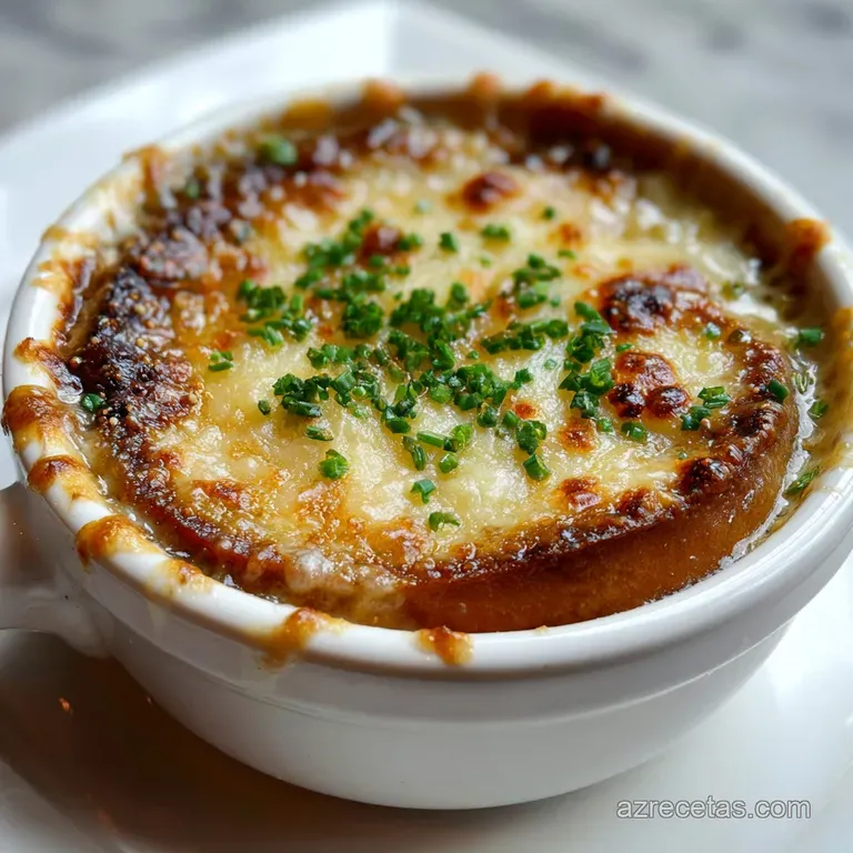A rustic bowl of French onion soup, golden-brown cheese clinging to the sides, with a sprig of thyme.