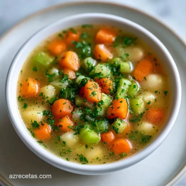 Plato hondo blanco con sopa cristalina, verduras picadas en cubos perfectos y una rama de perejil fresco encima.