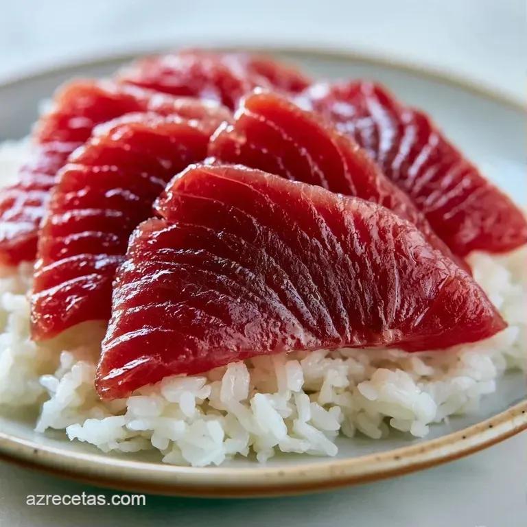 Piezas de sushi alineadas con cortes precisos de atún rosado, acompañadas de jengibre pálido y wasabi verde vibrante.