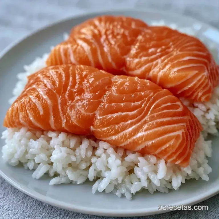 Piezas de sushi alineadas en plato cerámico blanco con una gota de wasabi verde y jengibre rosado al costado.