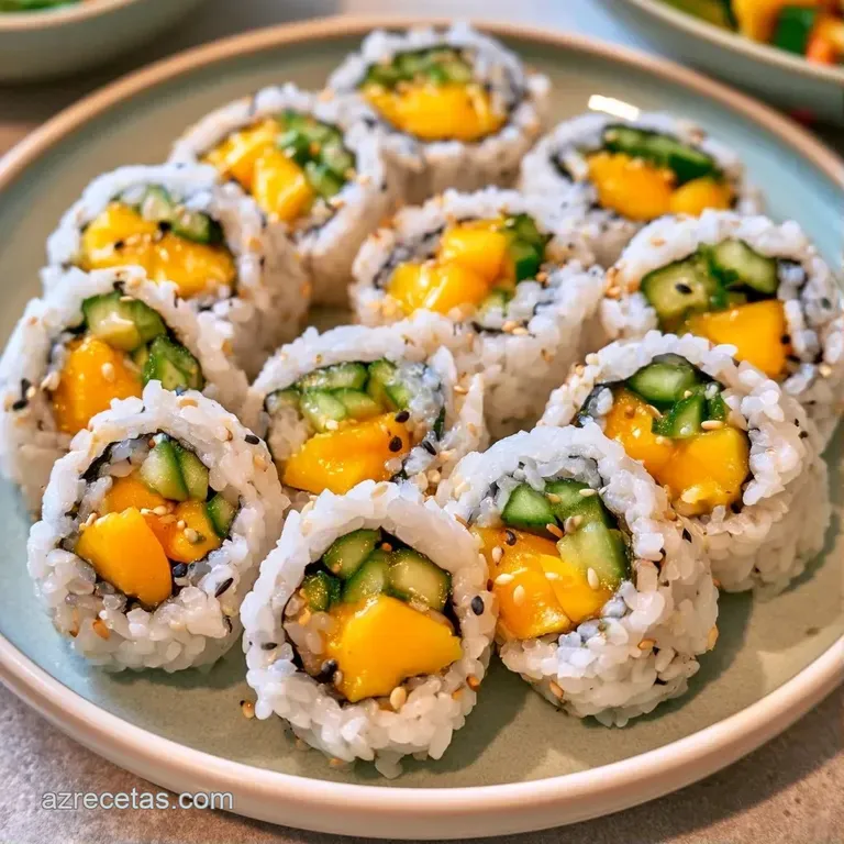 Rollos alineados con trozos de mango fresco y pepino, decorados con semillas de sésamo sobre una base de cerámica blanca.