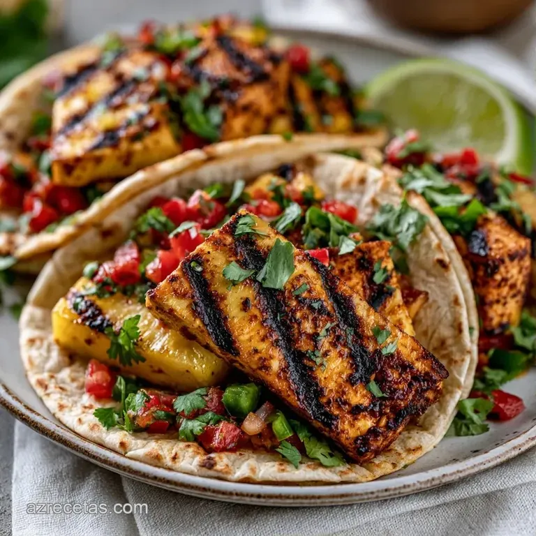 Tacos coloridos sobre tabla de madera con rodajas de lima, cebolla picada y pi&ntilde;a caramelizada en un montaje limpio.