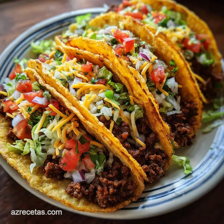 Two tacos, overflowing with savory ground beef, diced onion and cilantro, artfully arranged on a rustic wooden board.