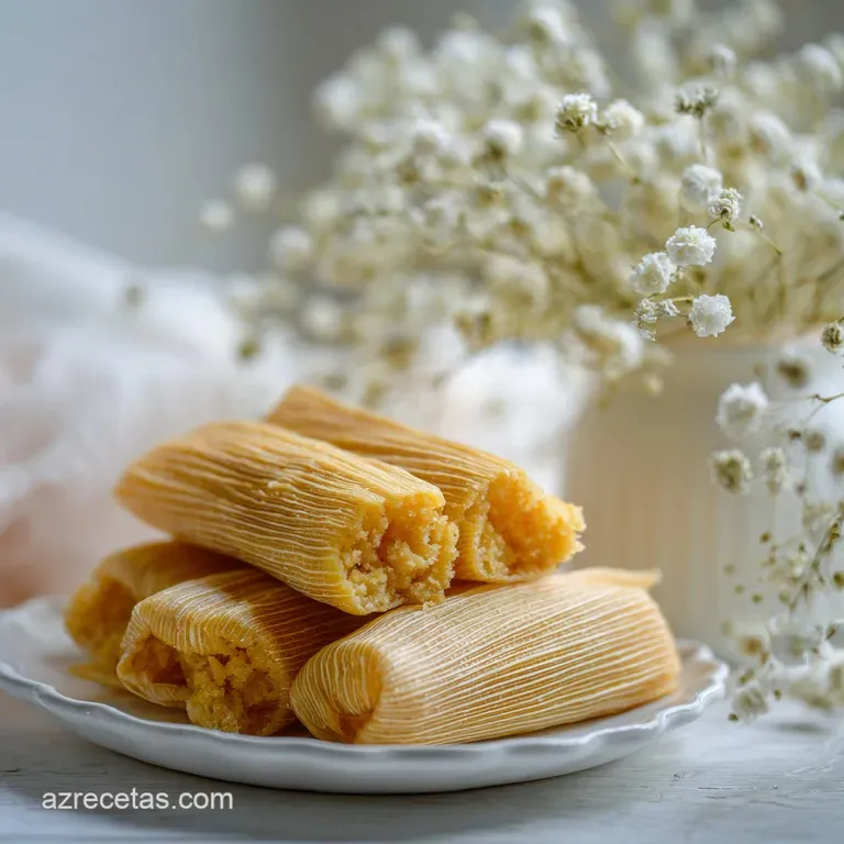 Elegantly arranged tamales on a plate, dusted with powdered sugar. Soft yellow corn peeking through, with a rustic charm.