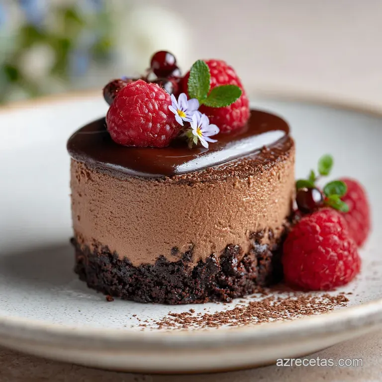 A generous slice of dark chocolate mousse cake on a white plate, garnished with a single fresh raspberry.