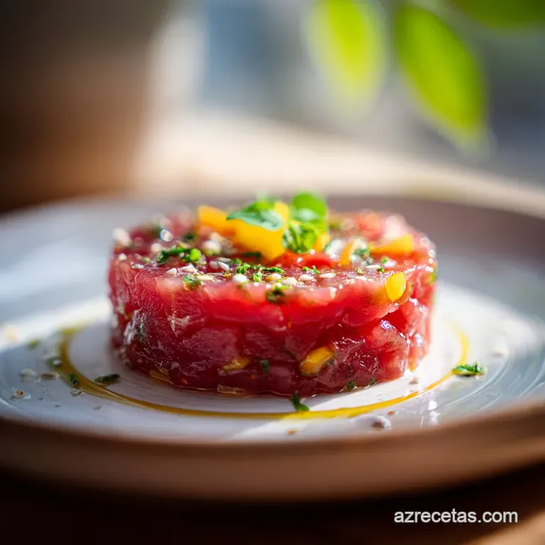 Artfully arranged ruby red tuna tartare, molded delicately and adorned with capers, chives, and a drizzle of bright oil.