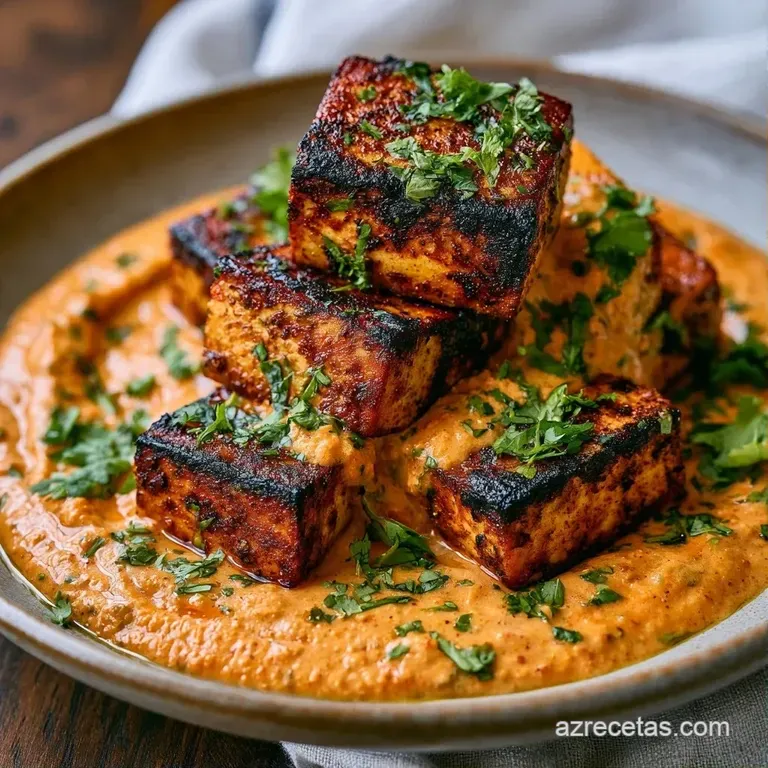 Plato hondo con curry espeso y brillante, trozos de tofu sellados y un toque de crema blanca y hojas de cilantro arriba.