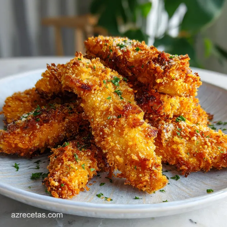 Crispy chicken strips artfully arranged on a white plate, a swirl of creamy sauce adding contrast to the golden-brown text...