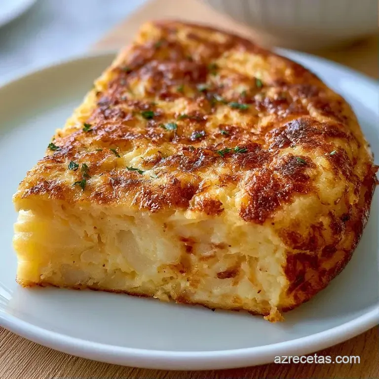 Porci&oacute;n triangular de tortilla amarilla brillante en plato cer&aacute;mico, adornada con perejil fresco sobre mesa de madera.