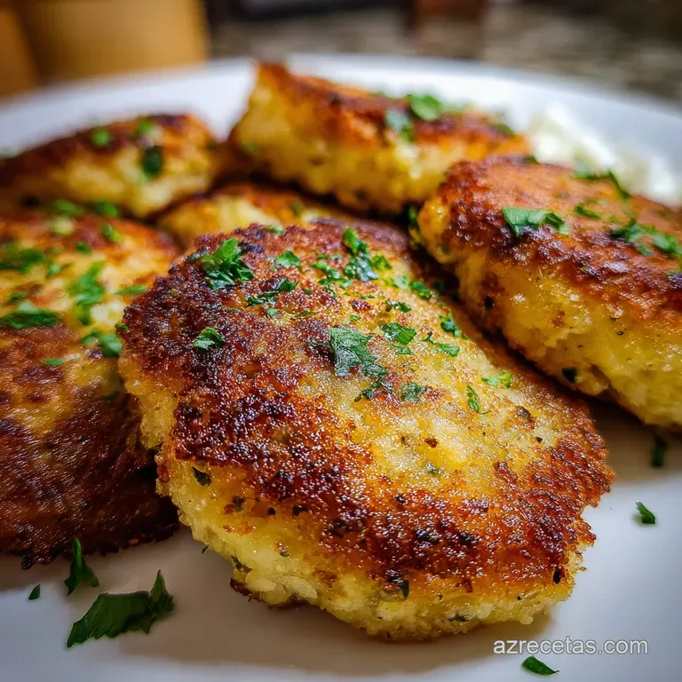 Stack of savory golden fritters with a creamy dipping sauce, garnished with herbs on a white plate, artfully lit with soft...