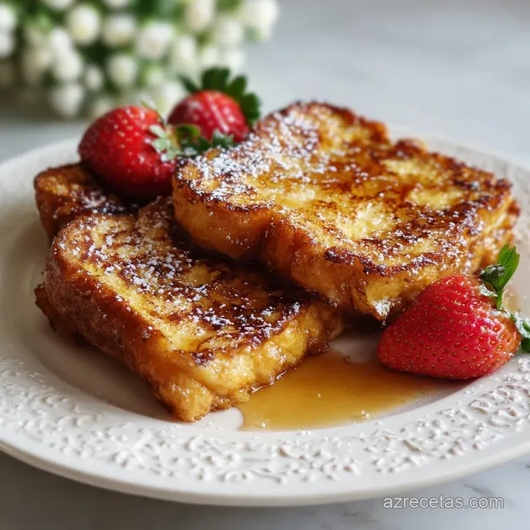 Elegant French toast presentation with a dollop of whipped cream and fresh berries, bright & colorful.