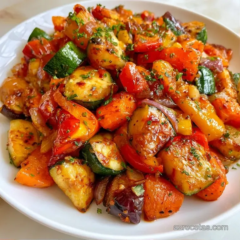 Verduras asadas dispuestas con cuidado en plato blanco, decoradas con hierbas frescas y un brillo aceitoso y sedoso.