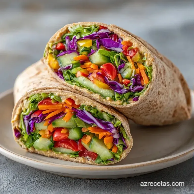 Wrap rebanado sobre plato cer&aacute;mico blanco, acompa&ntilde;ado de hojas verdes y gotas de aceite dorado sobre fondo neutro.