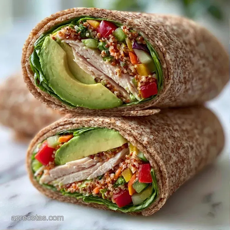 Dos wraps cortados en diagonal sobre plato blanco, resaltando el verde cremoso del aguacate y el blanco del pavo.